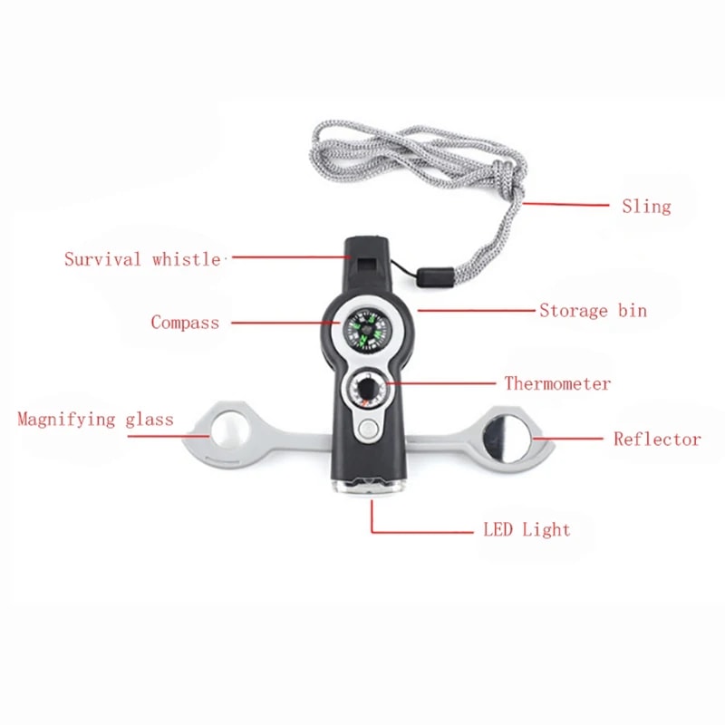 Multi Functional Survival Whistle With Compass Thermometer LED Light Magnifying Glass 4