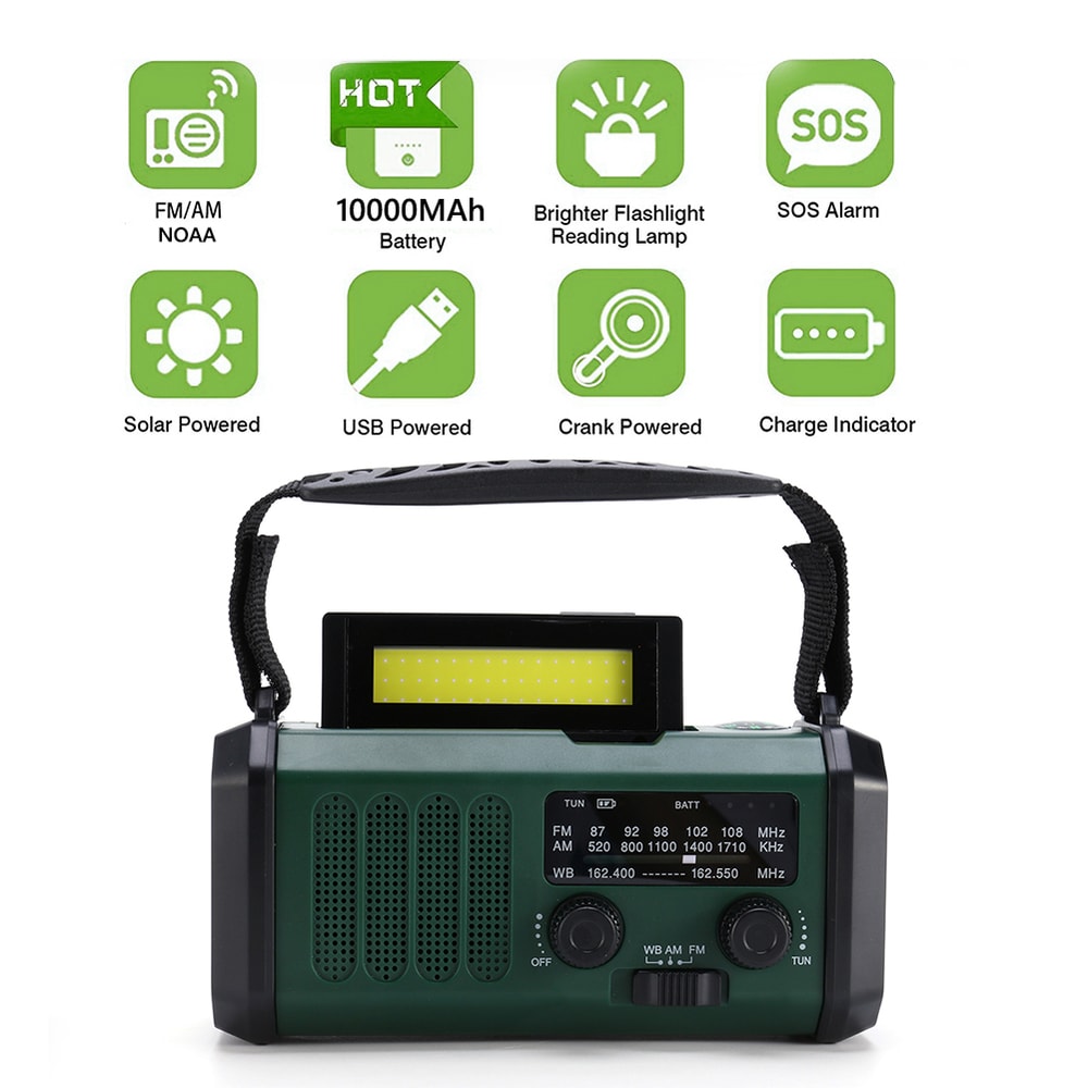 Weather Radio LED Emergency Power Bank With SOS Alarm Compass Flashlight Portable Hand Crank Sola 2