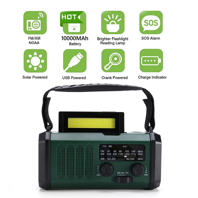 Weather Radio LED Emergency Power Bank With SOS Alarm Compass Flashlight Portable Hand Crank Sola 2