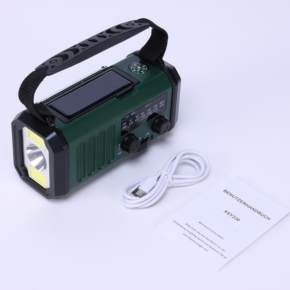 Weather Radio LED Emergency Power Bank With SOS Alarm Compass Flashlight Portable Hand Crank Sola 3