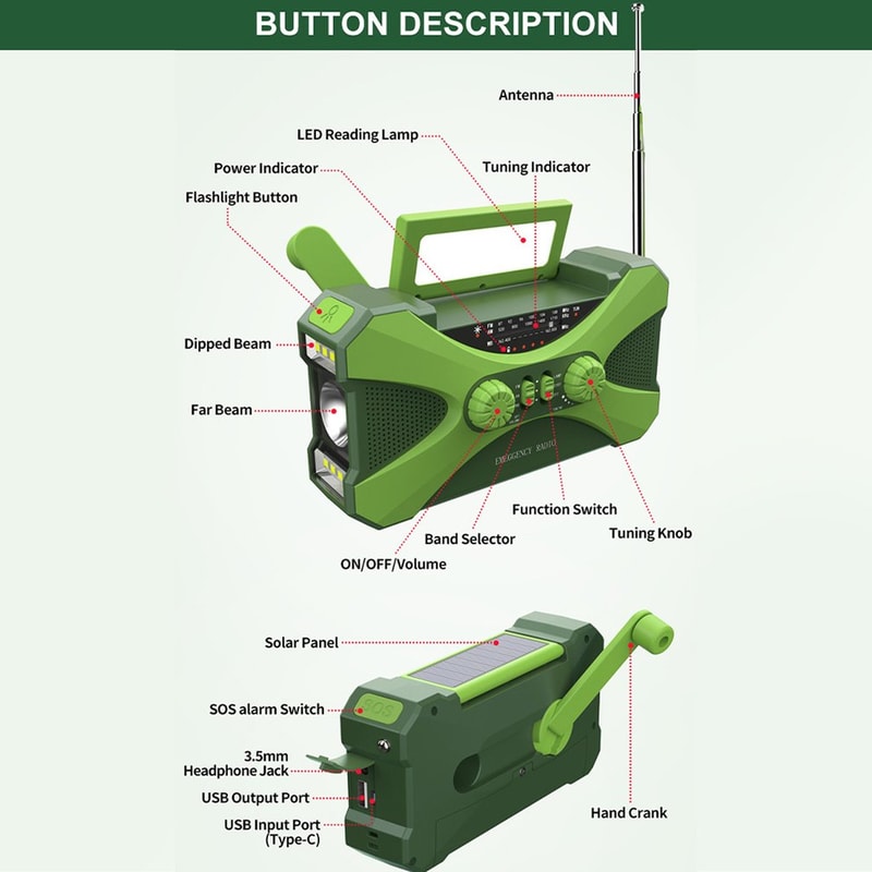 Multifunctional Emergency Weather Radio Hand Crank Solar Charging LED Flashlight USB Power For Out 7