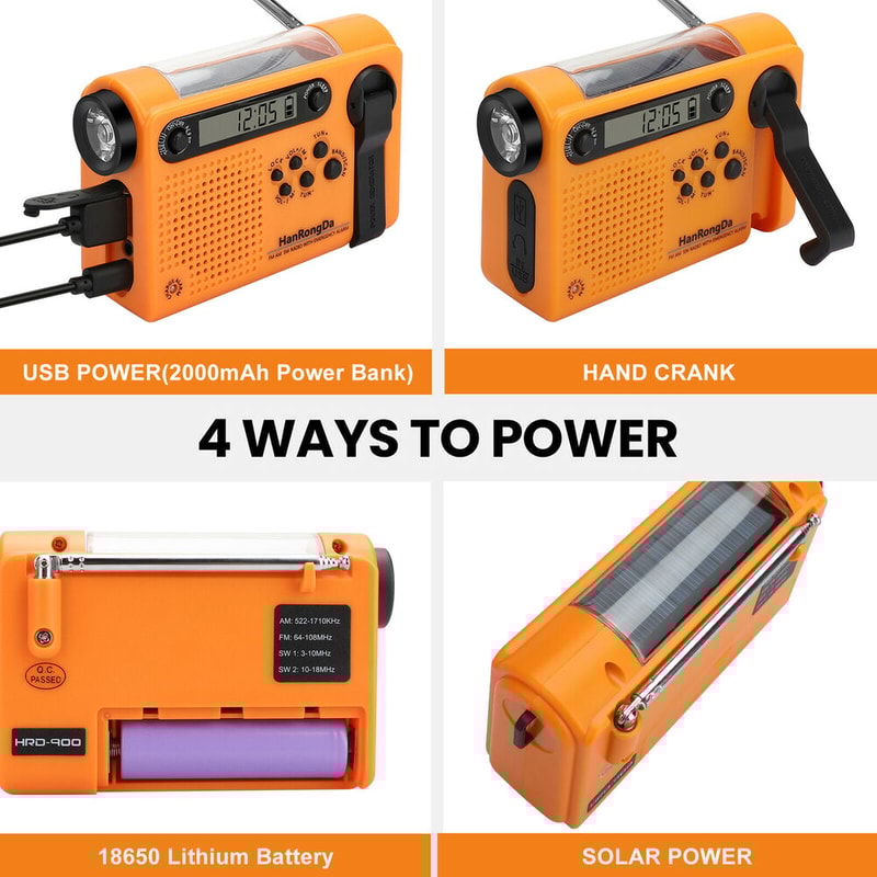 Portable Solar Hand Crank Radio With Power Bank Phone Charger Flashlight Weather Emergency Radio 7