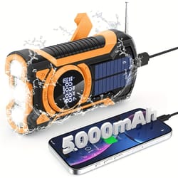 portable emergency radio with solar & hand crank, bluetooth, waterproof & dustproof orange