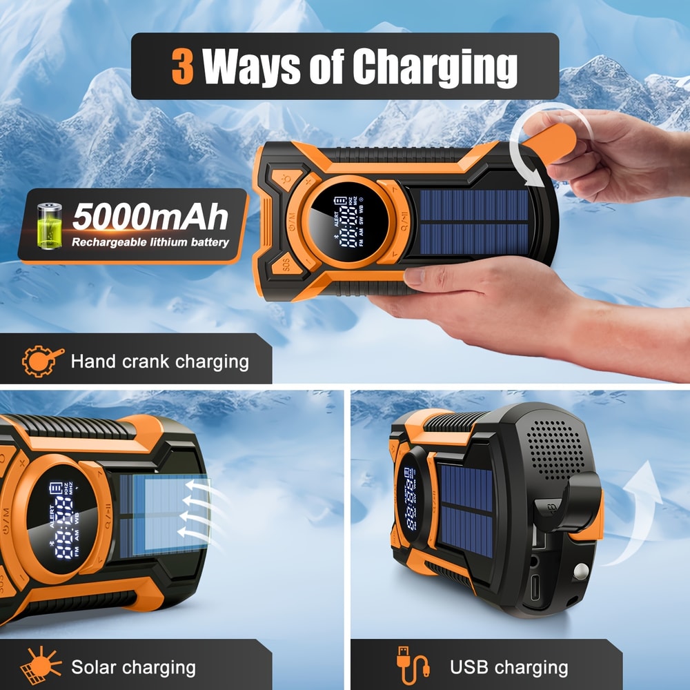 Portable Emergency Radio With Solar Hand Crank Bluetooth Waterproof Dustproof Orange 2