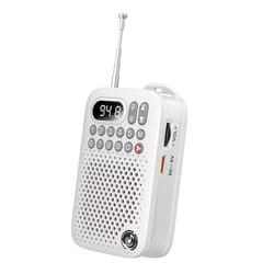 portable clip on mini radio with wireless streaming, fm tuner, voice recorder & sd slot