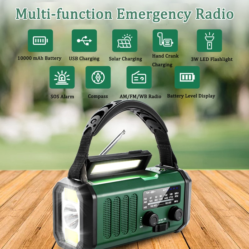 Portable Emergency Radio With Solar Hand Crank SOS Alarm Flashlight Power Bank 6