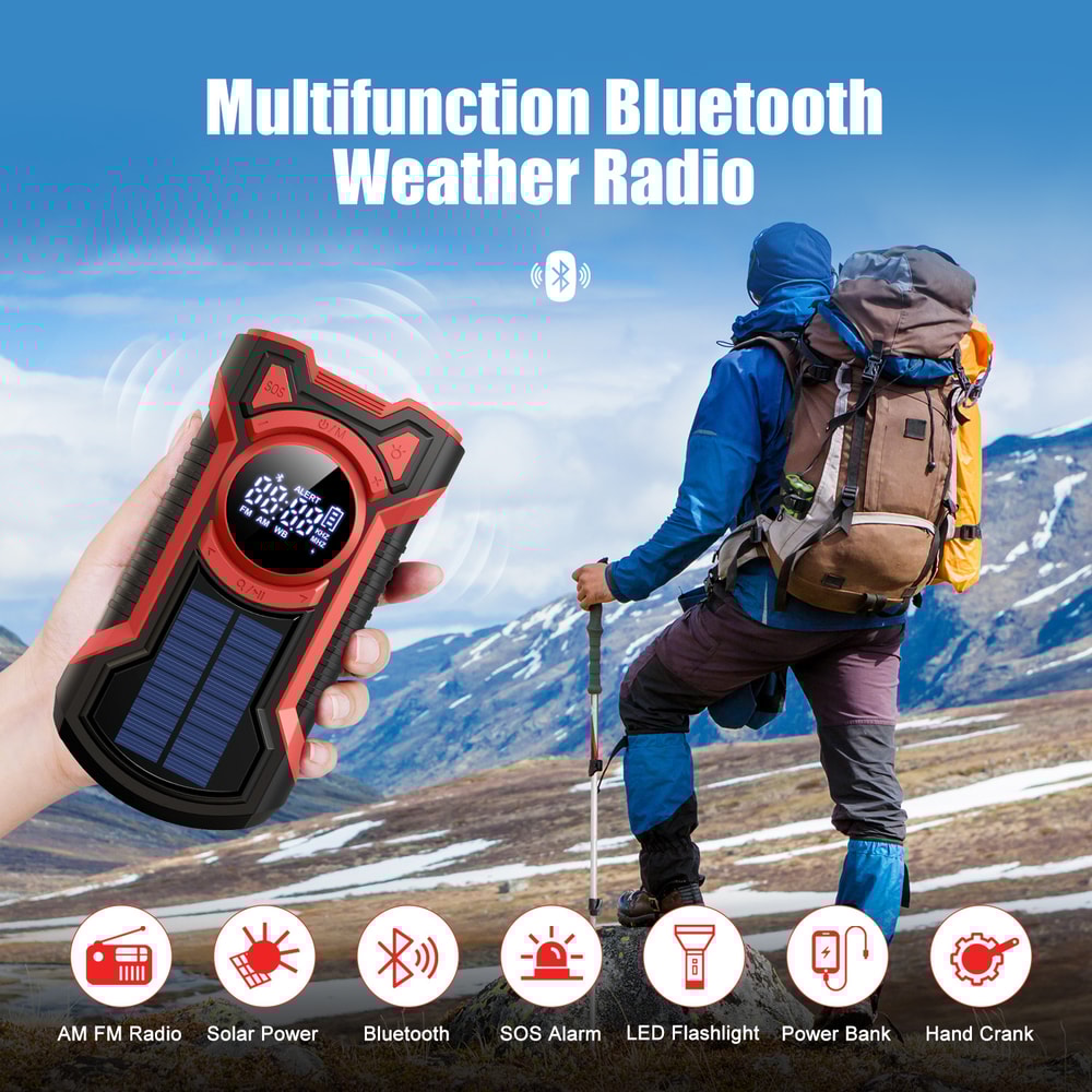 All In One Hand Crank Solar Emergency Radio With NOAA Weather Alerts Bluetooth Portable Power Bank 4