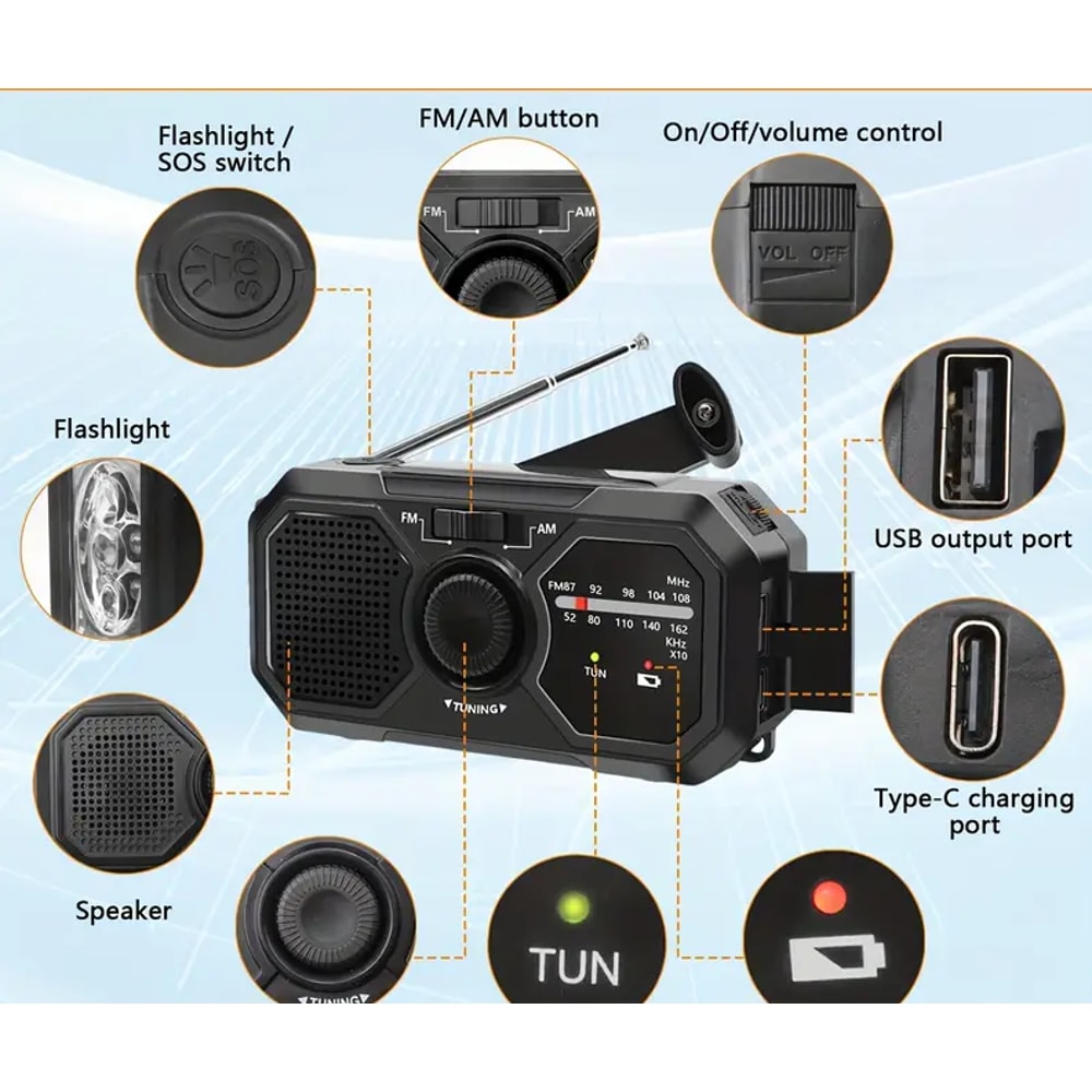 Multifunctional Solar Hand Crank Dynamo Radio With Torch SOS Alarm Outdoor Power Bank For Camping 6