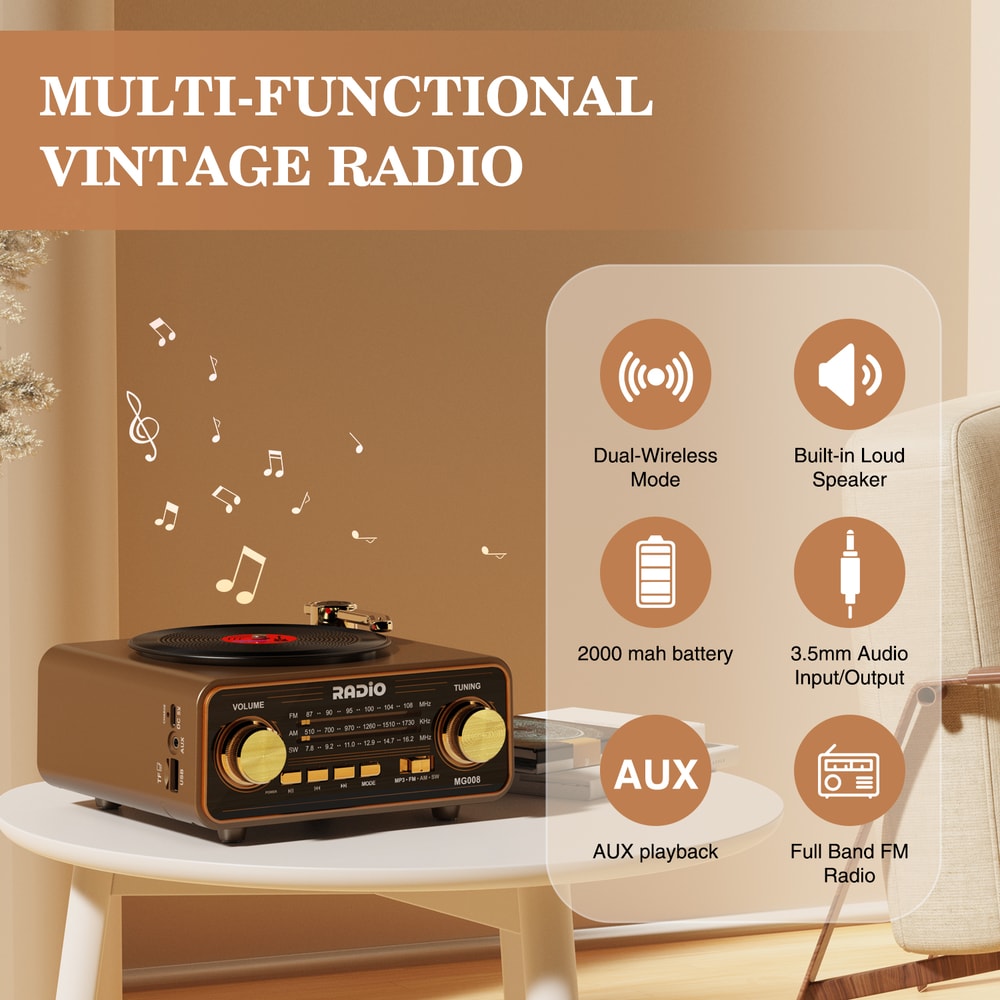 Vintage Style Retro Vinyl Player Radio With Wireless Streaming Portable FM AM SW Radio Perfect Home 2