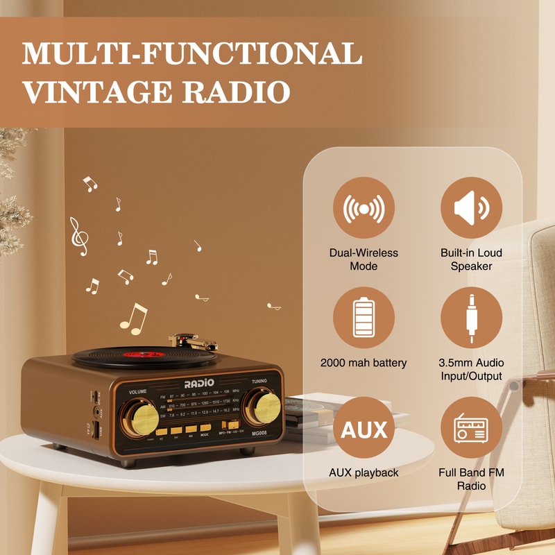 Vintage Style Retro Vinyl Player Radio With Wireless Streaming Portable FM AM SW Radio Perfect Home 2