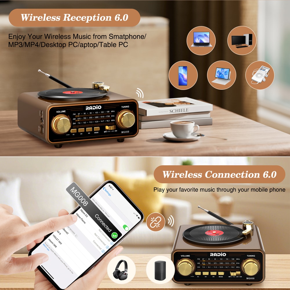 Vintage Style Retro Vinyl Player Radio With Wireless Streaming Portable FM AM SW Radio Perfect Home 5