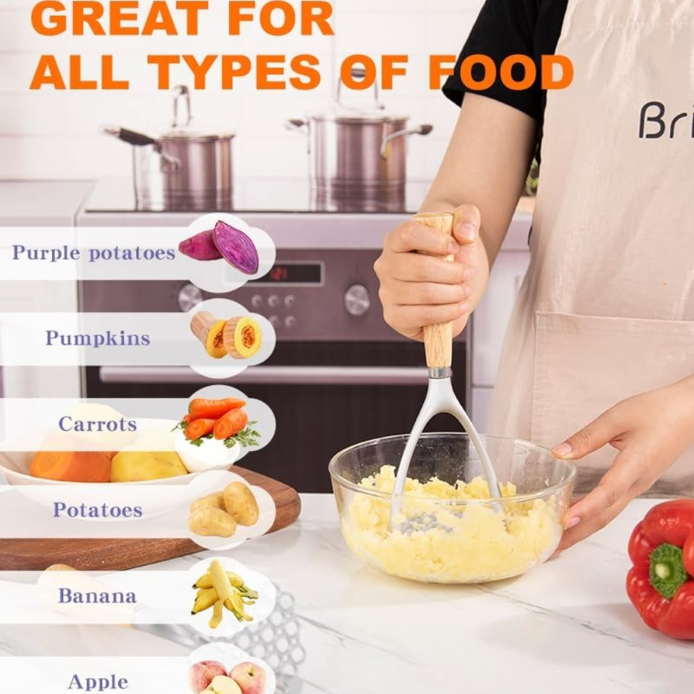 Wooden Handle Potato Masher Manual Potato Ricer Aluminum Potato Press For Fluffy Mashed Potatoes 4