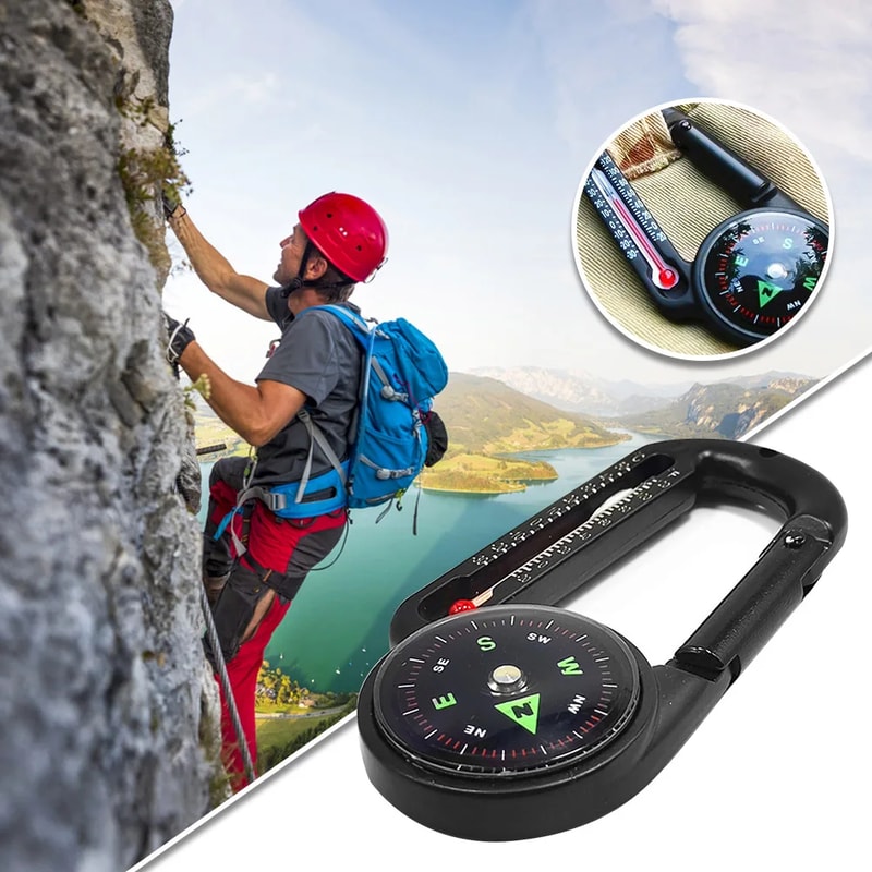 Carabiner Compass Keychain With Thermometer Compact Outdoor Camping Navigation Tool 0