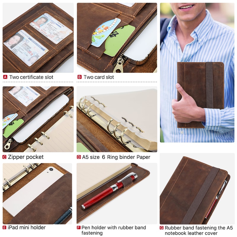 Luxury Retro Leather Notebook Portfolio With Ring Binder IPad Holder 5