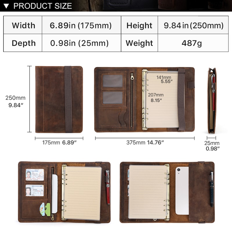 Luxury Retro Leather Notebook Portfolio With Ring Binder IPad Holder 2