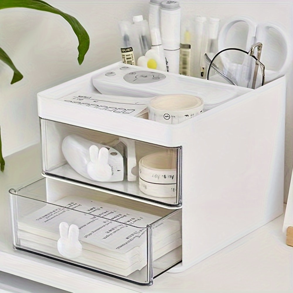 Transparent Rabbit Handle Makeup Organizer Drawer For Desk Storage Jewelry Cosmetics Box 6