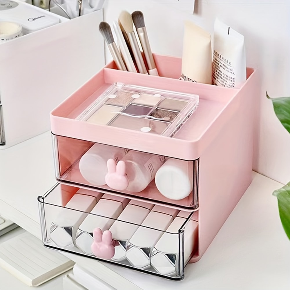 Transparent Rabbit Handle Makeup Organizer Drawer For Desk Storage Jewelry Cosmetics Box 8