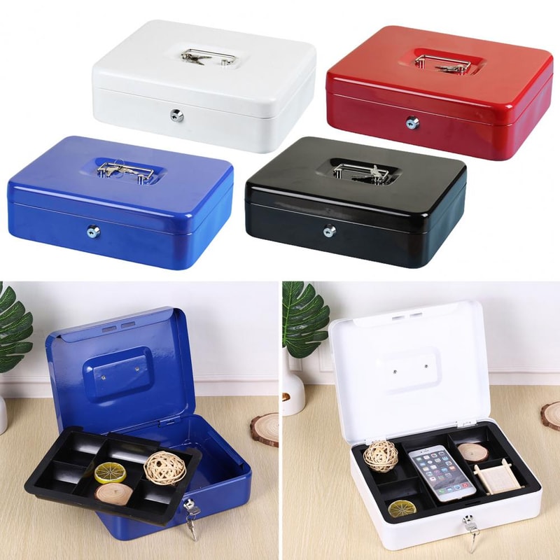 Portable Secure Cash Lock Box With Key Lock Fireproof Metal Money Organizer 9