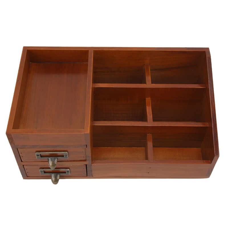 Vintage Wooden Desk Organizer With Drawers Multi Layer Retro Makeup And Desktop Storage Cabinet 4