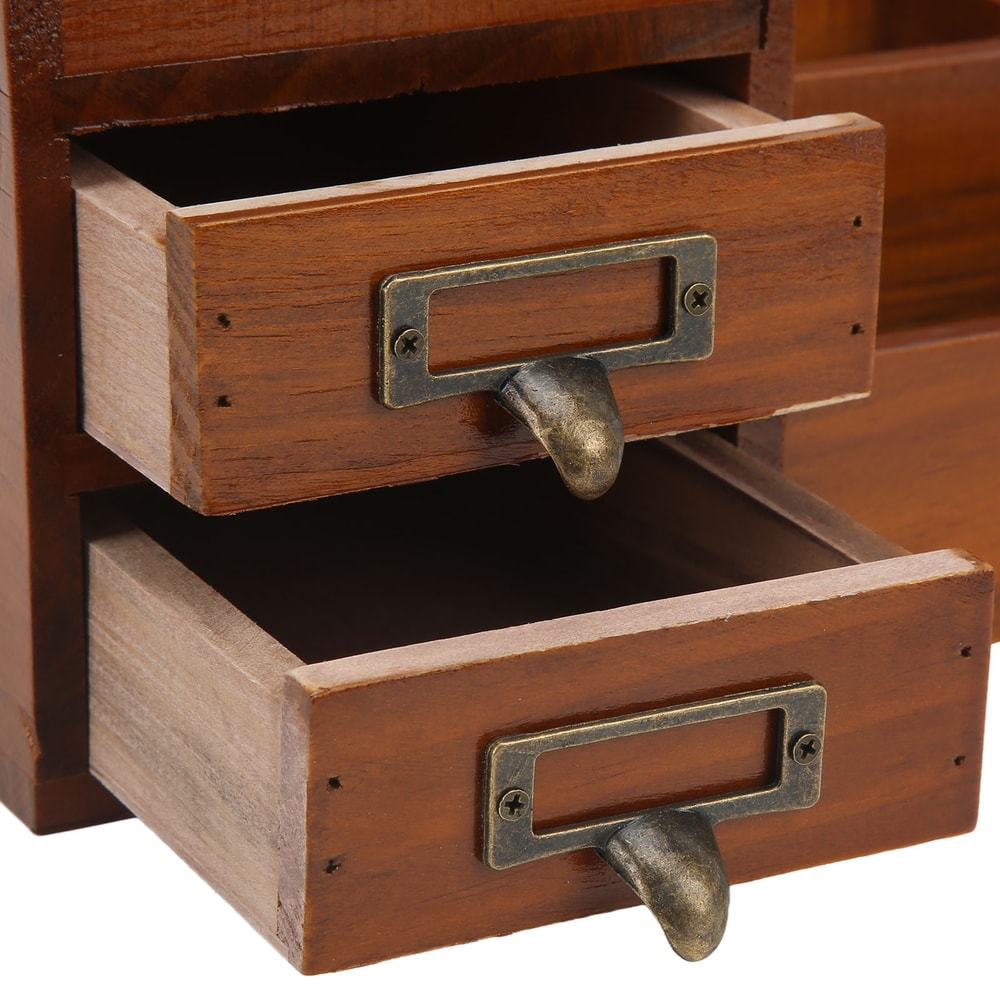 Vintage Wooden Desk Organizer With Drawers Multi Layer Retro Makeup And Desktop Storage Cabinet 6