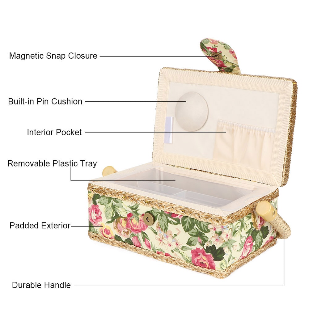 Portable Sewing Organizer Basket with Tray Storage Case for Threads Needles and Craft Supplies