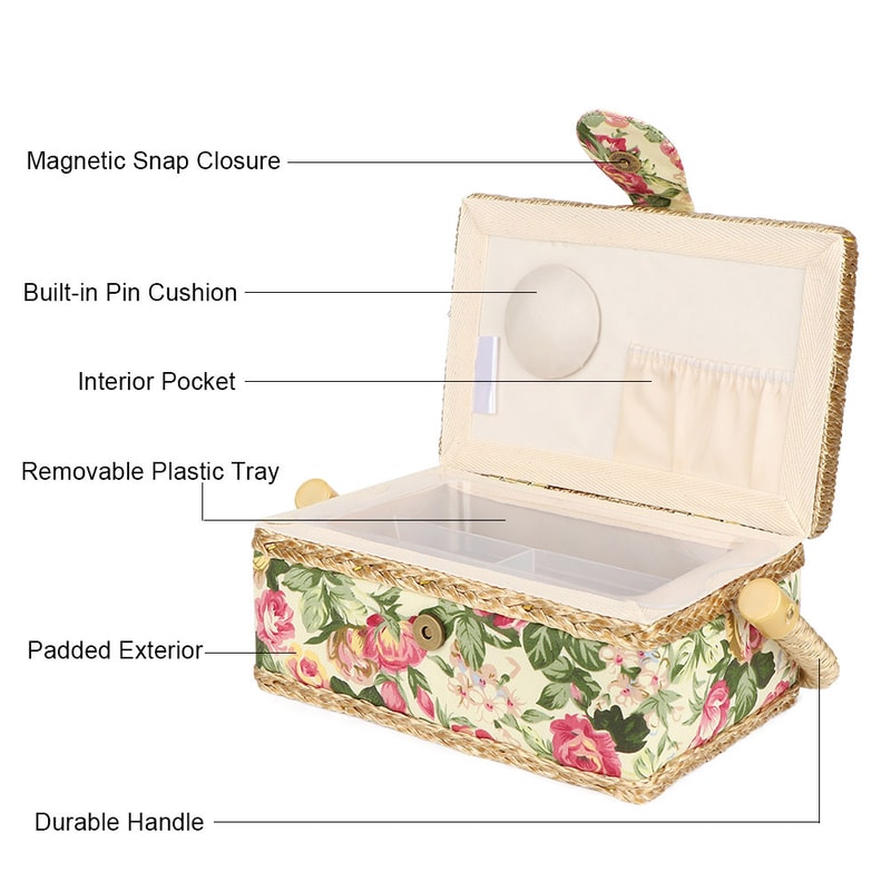 Portable Sewing Organizer Basket with Tray Storage Case for Threads Needles and Craft Supplies