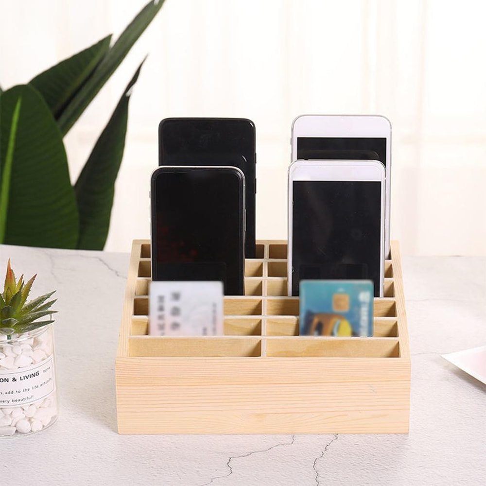 Wooden Phone Storage Organizer Box With Slots Large Capacity Classroom Mobile Phone Holder 5