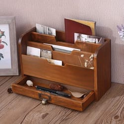vintage wooden desktop organizer with drawer for office & home storage