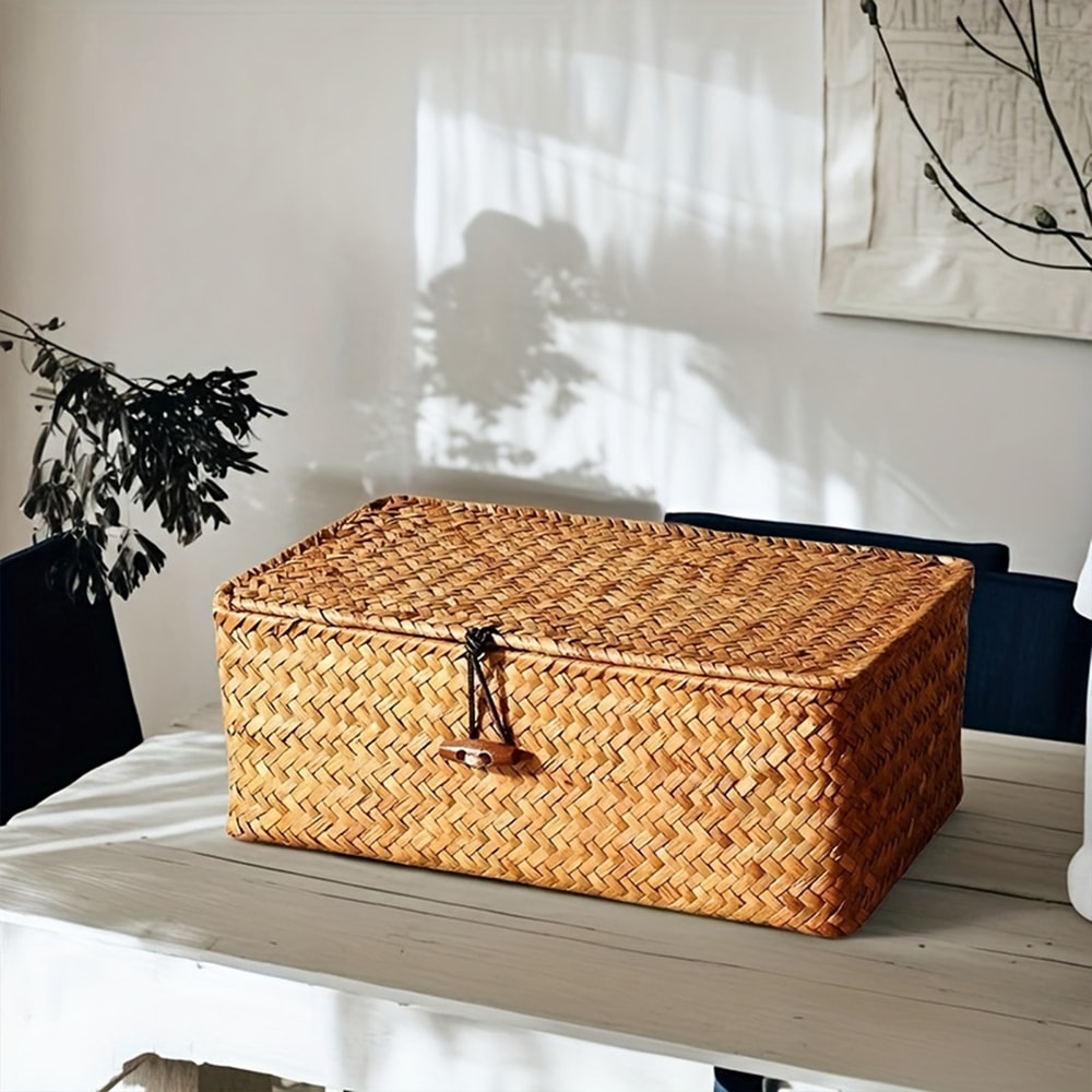 Large Capacity Hand Woven Straw Storage Box With Lid For Home Office 1