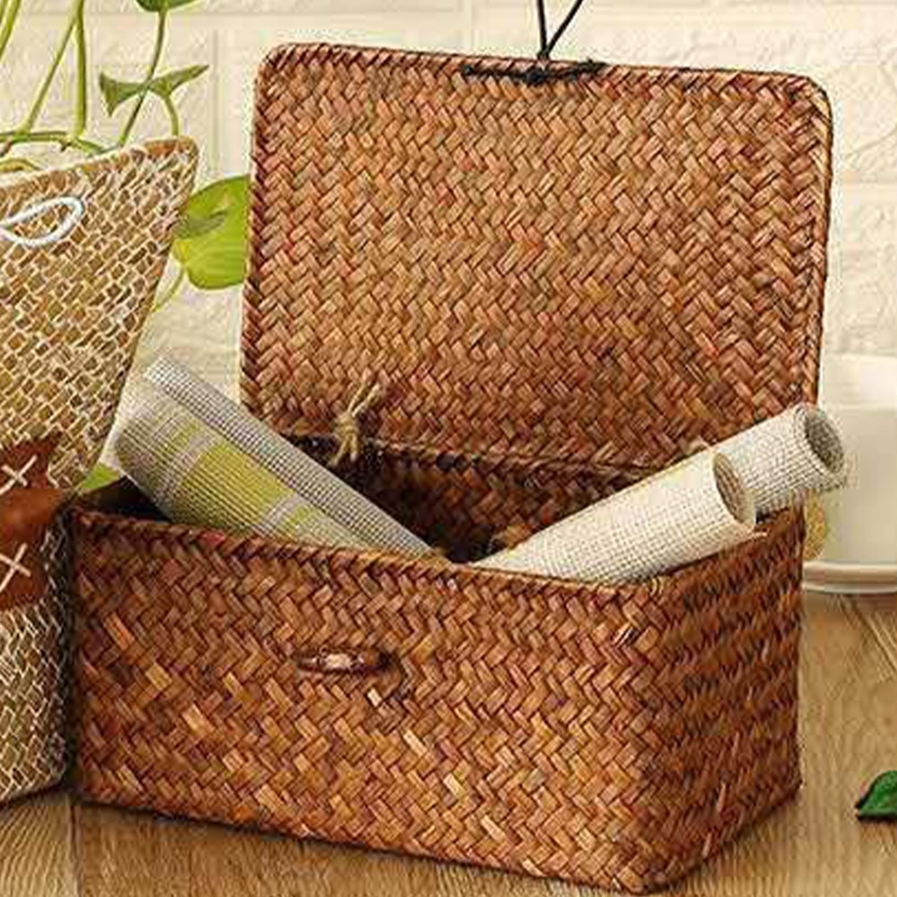 Large Capacity Hand Woven Straw Storage Box With Lid For Home Office 3