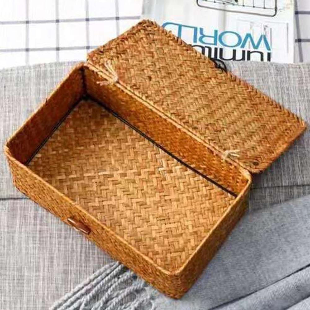 Large Capacity Hand Woven Straw Storage Box With Lid For Home Office 5