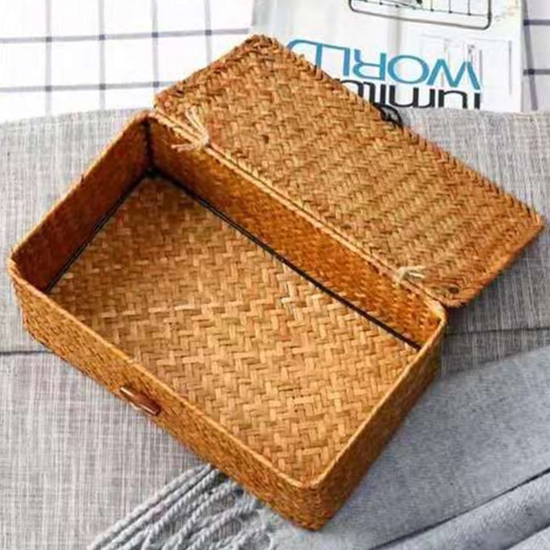 Large Capacity Hand Woven Straw Storage Box With Lid For Home Office 5