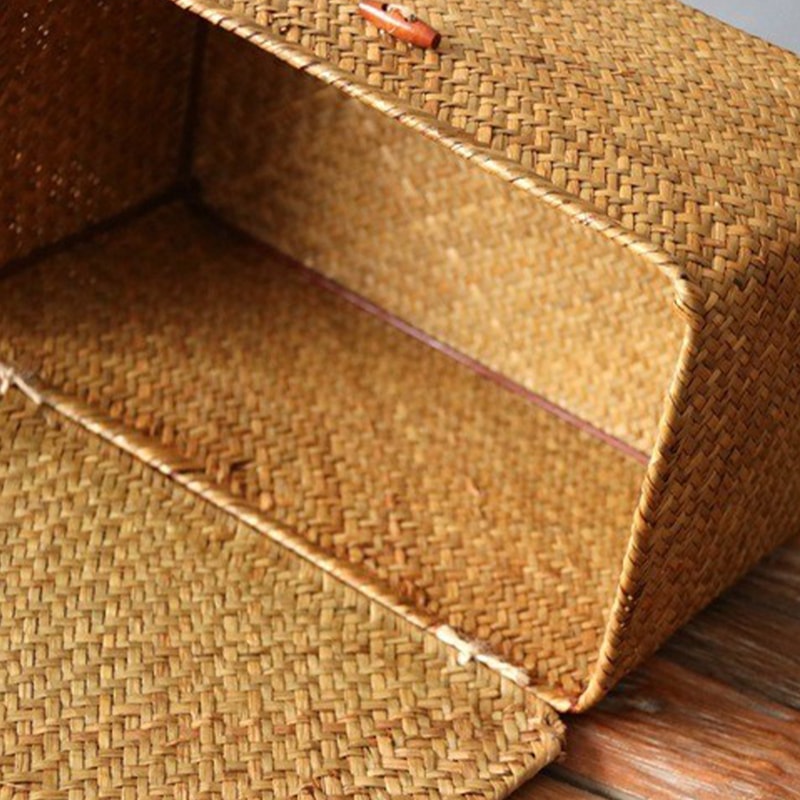Large Capacity Hand Woven Straw Storage Box With Lid For Home Office 6
