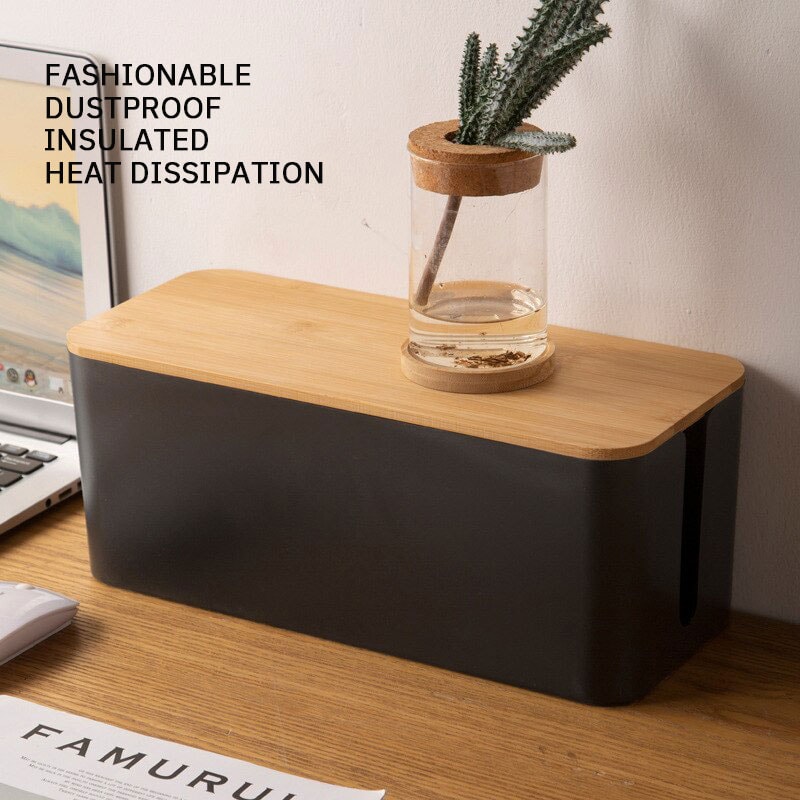 Bamboo Lid Cable Management Box Wire Organizer For Desk Power Strip Storage 4