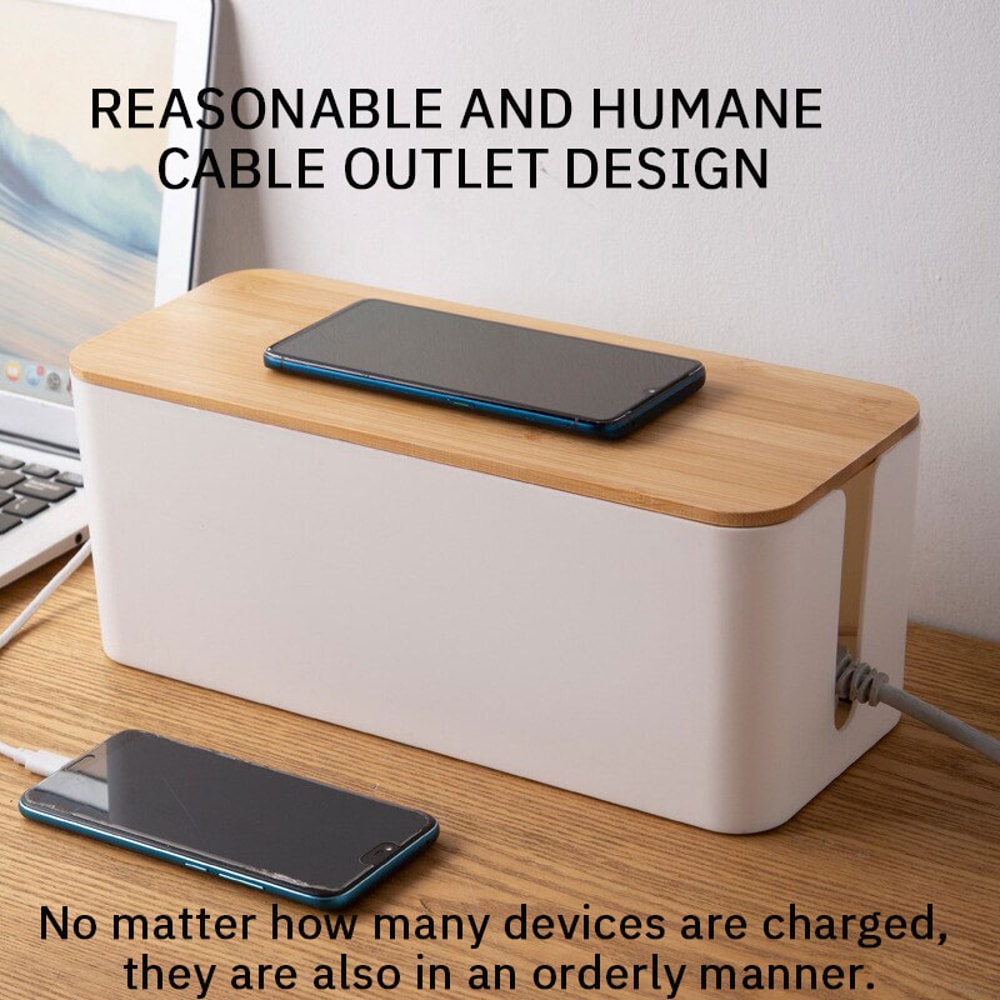 Bamboo Lid Cable Management Box Wire Organizer For Desk Power Strip Storage 5