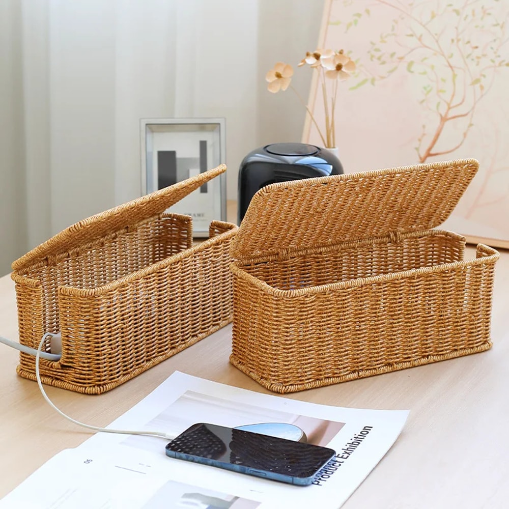 Handmade Rattan Cable Management Box with Desk Cord Organizer