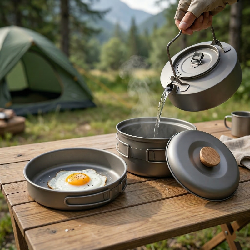 Titanium Camping Cookware Set Lightweight Pot, Pan & Kettle for Hiking