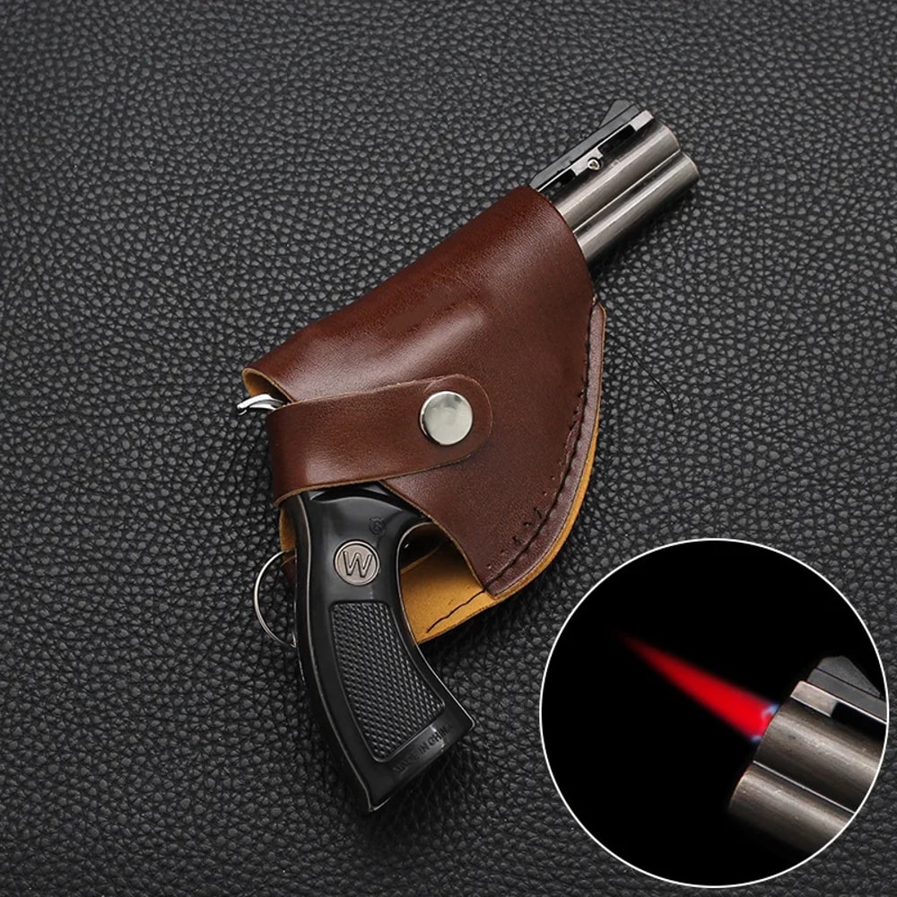 Revolver Lighter Metal Gun With Leather Case Windproof Cigarette Cigar Accessory 2