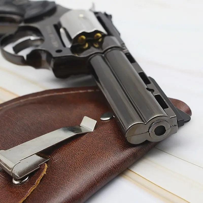 Revolver Lighter Metal Gun With Leather Case Windproof Cigarette Cigar Accessory 5