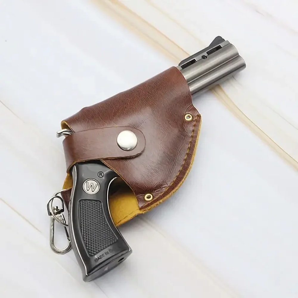 Revolver Lighter Metal Gun With Leather Case Windproof Cigarette Cigar Accessory 6