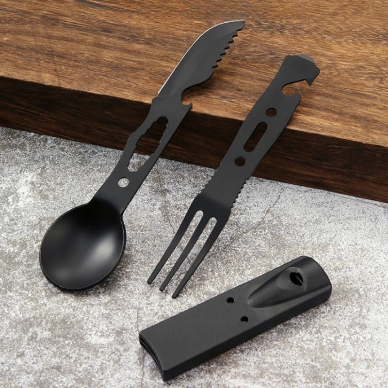 Multifunctional Stainless Steel Camping Utensil Set With Whistle Knife Spoon Fork 0