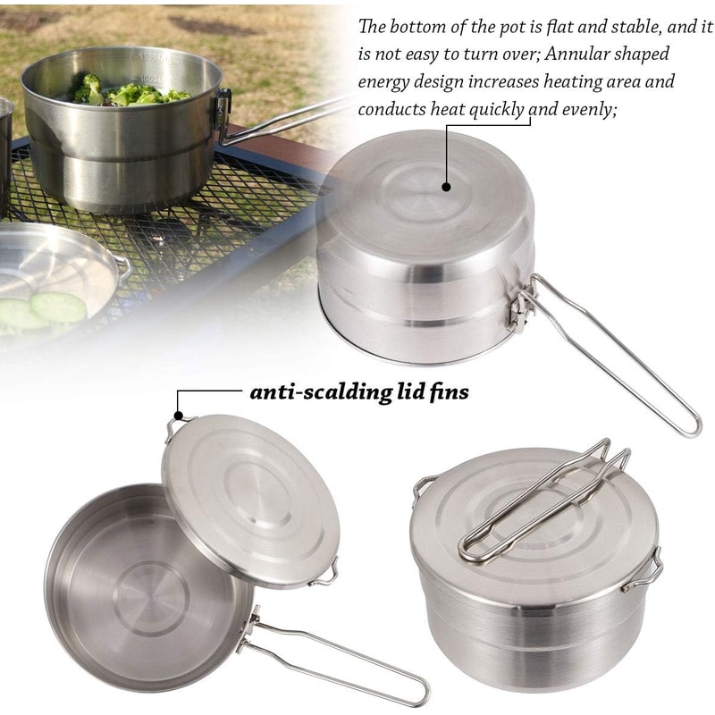 Portable Stainless Steel Camping Cooking Pot With Lid Folding Handle For Hiking And Outdoor Cooking 1