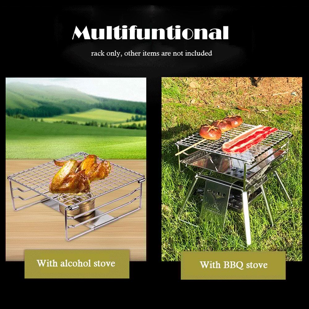 Folding Camping Grill Rack with Stainless Steel Stove Support for Outdoor Cooking