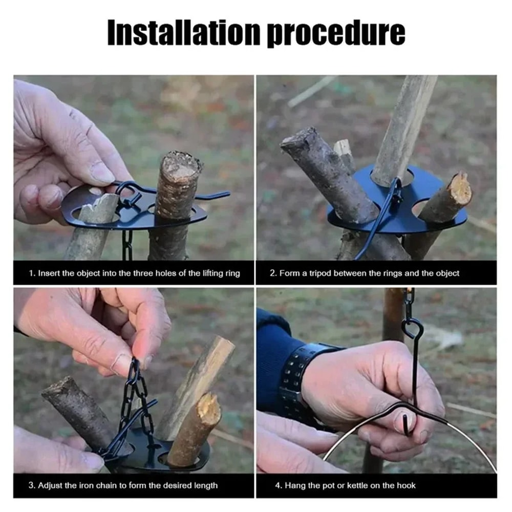 Portable Camping Tripod Hook Kit For Campfire Cooking Adjustable Stainless Steel Hanging Pot Rack 4