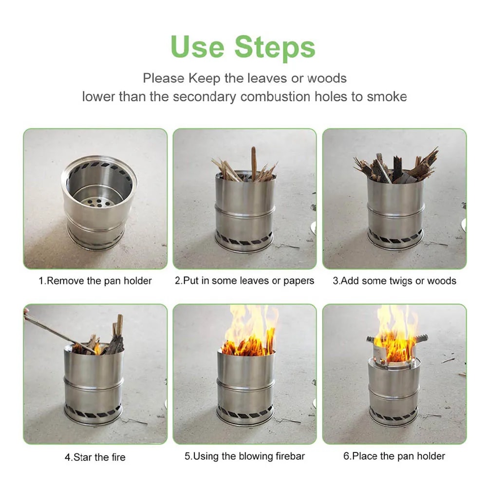 Portable Wood Burning Camping Stove Lightweight Stainless Steel Backpacking Cooker 4