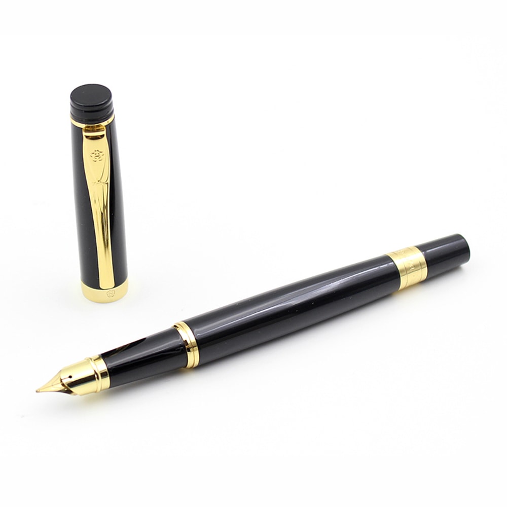 Luxury Metal Fountain Pen Golden Black Medium Nib Writing Gift 4
