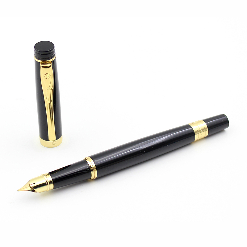 Luxury Metal Fountain Pen Golden Black Medium Nib Writing Gift 4