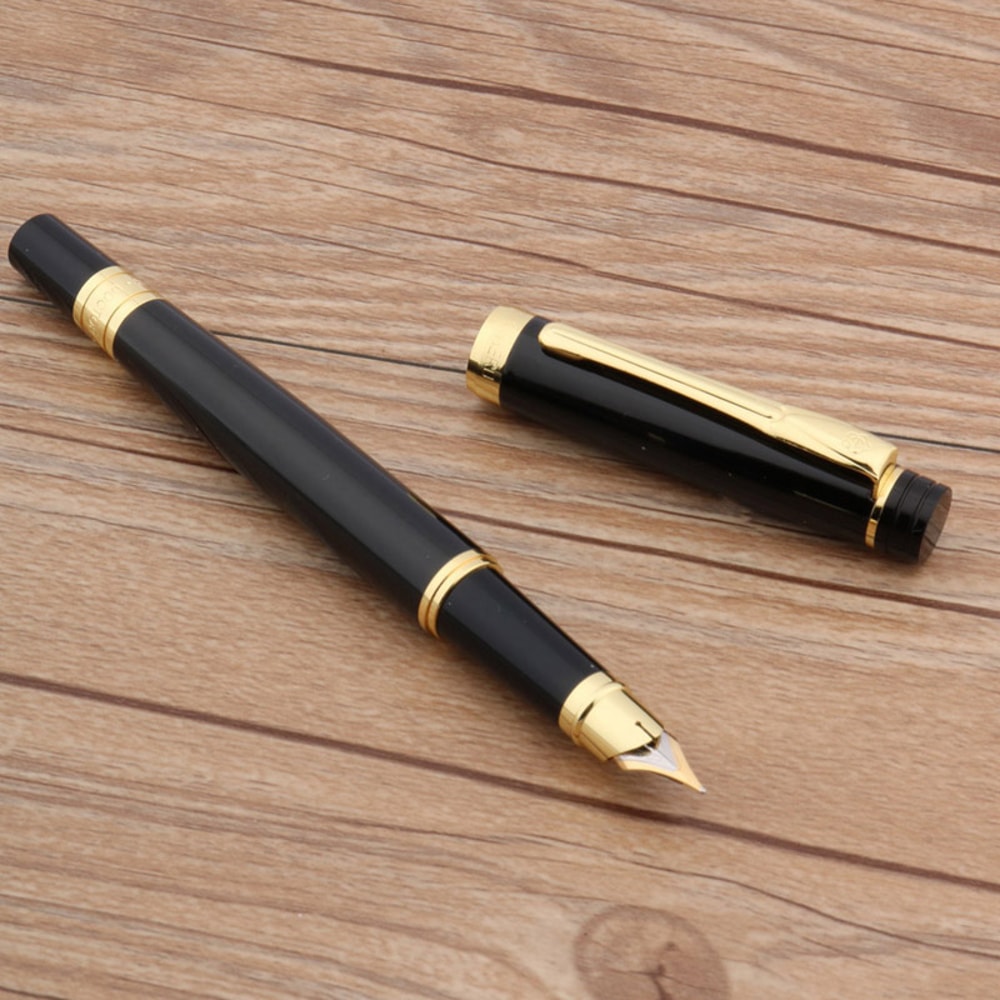Luxury Metal Fountain Pen Golden Black Medium Nib Writing Gift 5