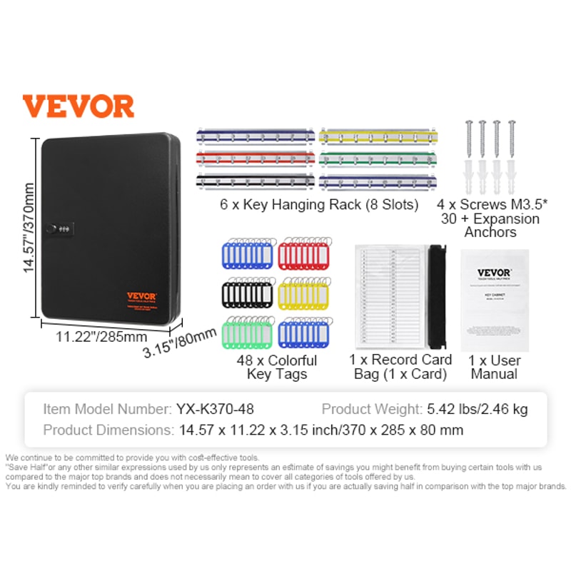 SucceBuy 48 PCS Key Cabinet Key Lock Box with Adjustable Racks Security Key Storage Box Key Organiz