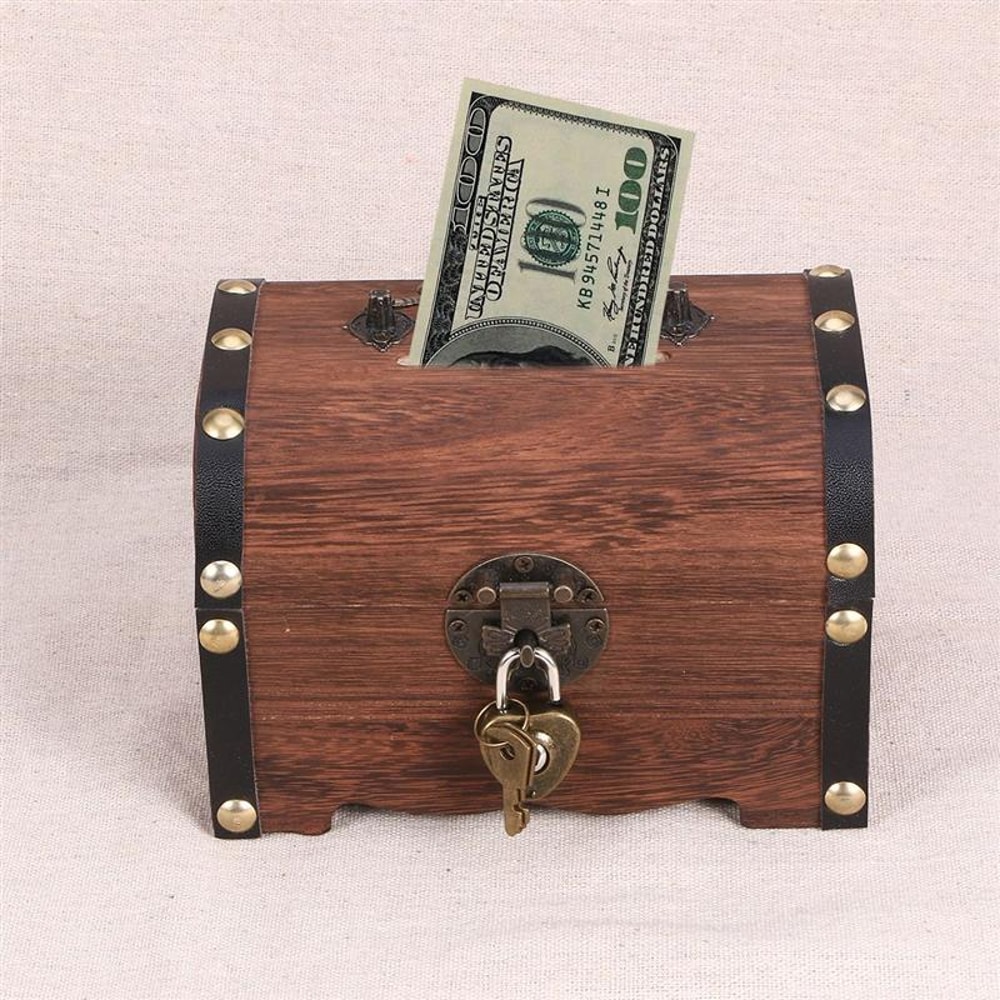 Vintage Wooden Treasure Chest Piggy Bank Lockable Storage Box 3
